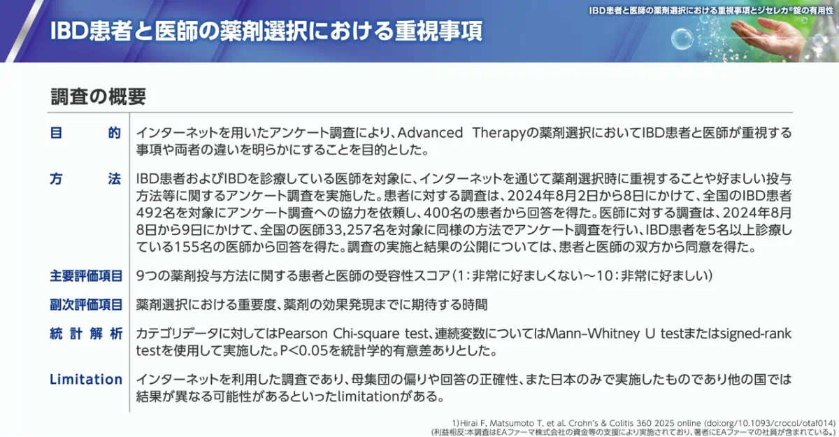 IBD患者と医師の薬剤選択における重視事項：調査の概要